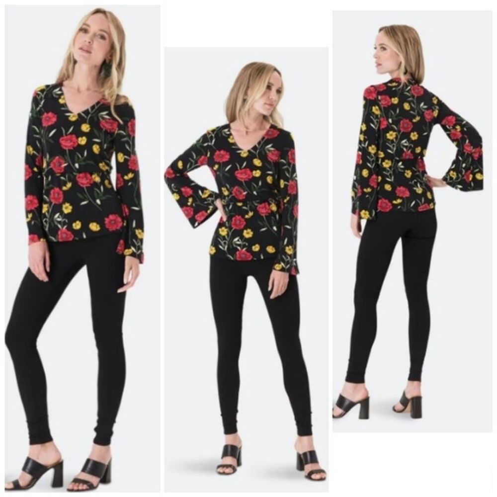 Leota Ivy Tunic Poppy Floral Print V-Neck Jersey Knit Top Size L EUC